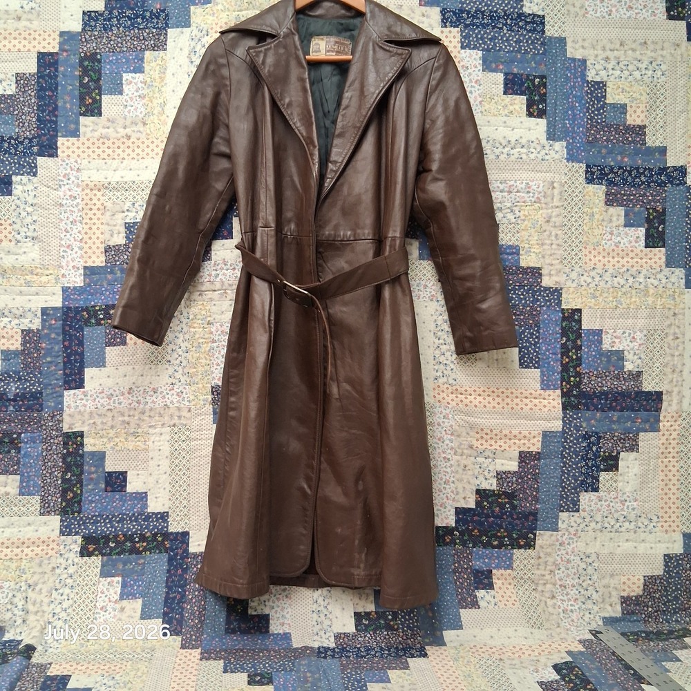True Vintage 1970s W B Place Womens S Brown Leather Belted Maxi Coat USA Made